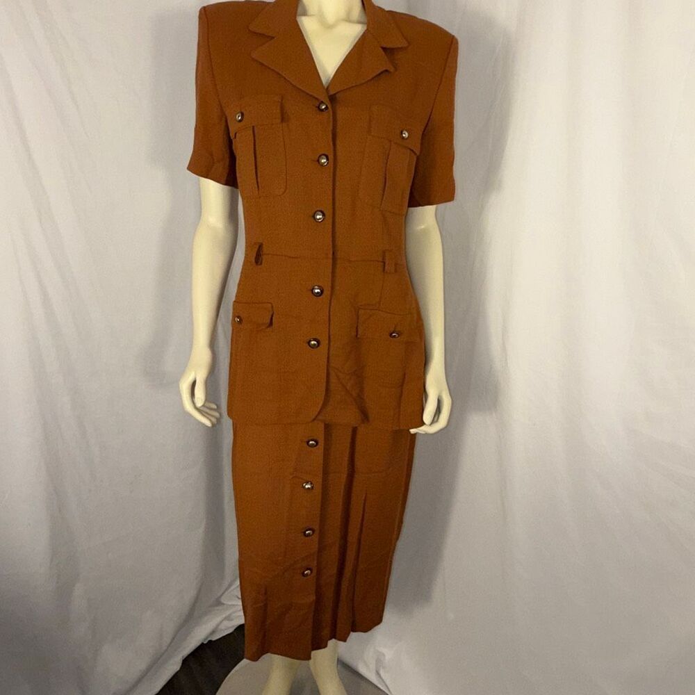 Vintage 90s Danny & Nicole Rust Brown Faux Two Piece Dress Rayon Midi Made in US
